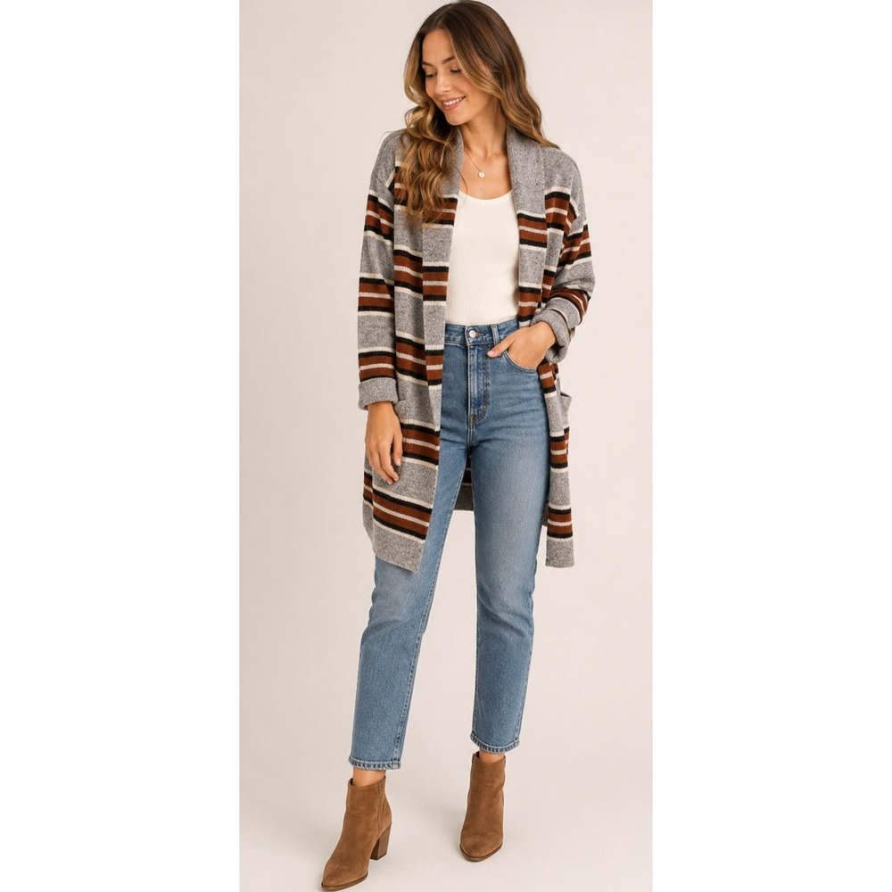 Heartloom Womens Striped Open Front Cardigan Gray Rust Small Boho Cozy Layer